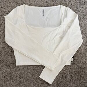 Kimberly C Womens White Square Neck Long Sleeve Crop Top NWT Size L